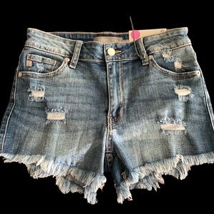 Denim High Rise Uneven Fray Hem Jean Shorts XS Medium Wash NWT